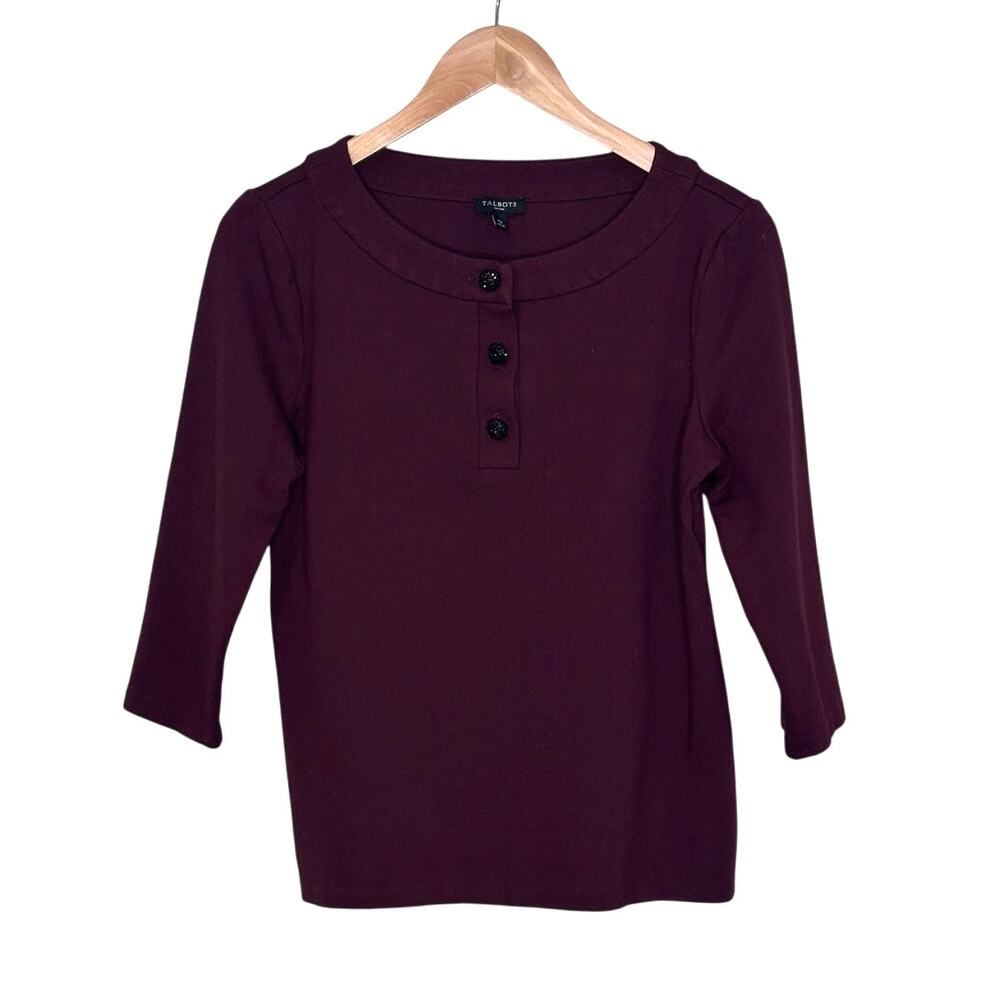 Talbots PETITES Pointe Knit Maroon 3/4 top black diamond buttons  M Petite